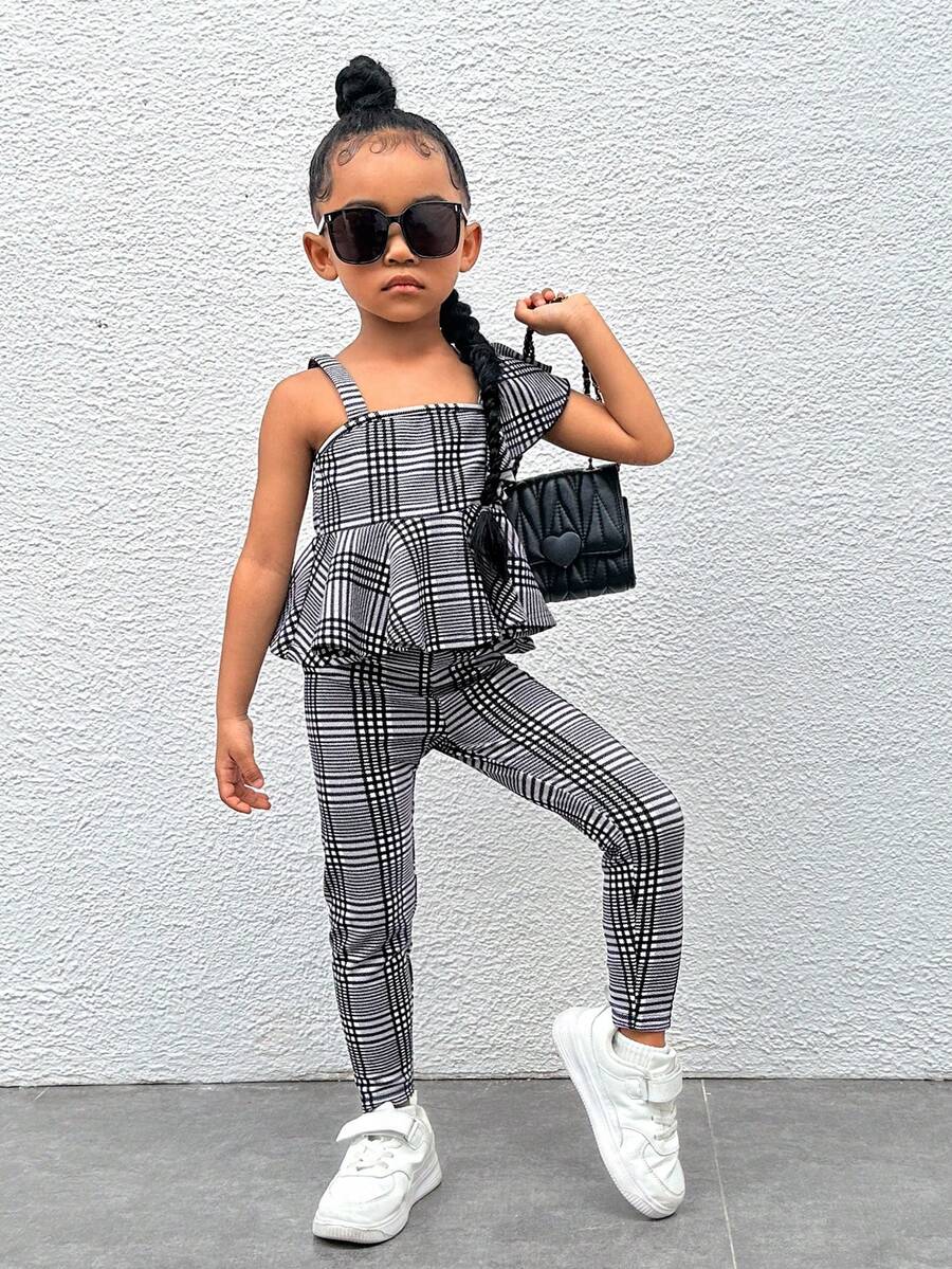 SHEIN Bộ thời trang bé gái Xù Viên lá sen Bất đối xứng Sọc ca rô Dễ thương - Đen và trắng - Xem 1