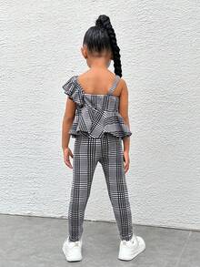 SHEIN Bộ thời trang bé gái Xù Viên lá sen Bất đối xứng Sọc ca rô Dễ thương - Đen và trắng - Xem 2