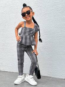 SHEIN Bộ thời trang bé gái Xù Viên lá sen Bất đối xứng Sọc ca rô Dễ thương - Đen và trắng - Xem 4