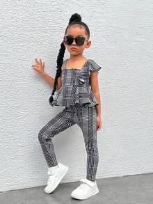 SHEIN Bộ thời trang bé gái Xù Viên lá sen Bất đối xứng Sọc ca rô Dễ thương - Đen và trắng - Xem 5