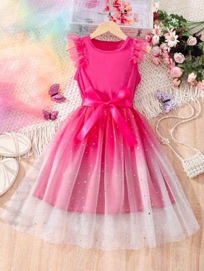 SHEIN Glamorique Kids 可愛星空女童連衣裙腰帶 網拼接 揉皺