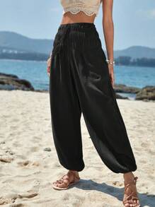 SHEIN VCAY Solid Elastic Waist Carrot Trousers - Black - View 1