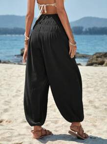 SHEIN VCAY Solid Elastic Waist Carrot Trousers - Black - View 2