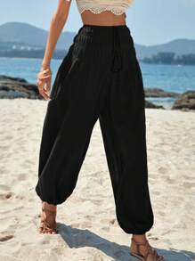SHEIN VCAY Solid Elastic Waist Carrot Trousers - Black - View 3
