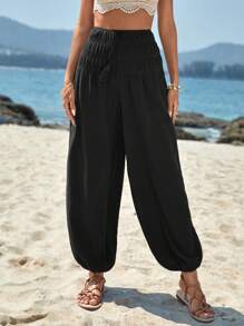 SHEIN VCAY Solid Elastic Waist Carrot Trousers - Black - View 4