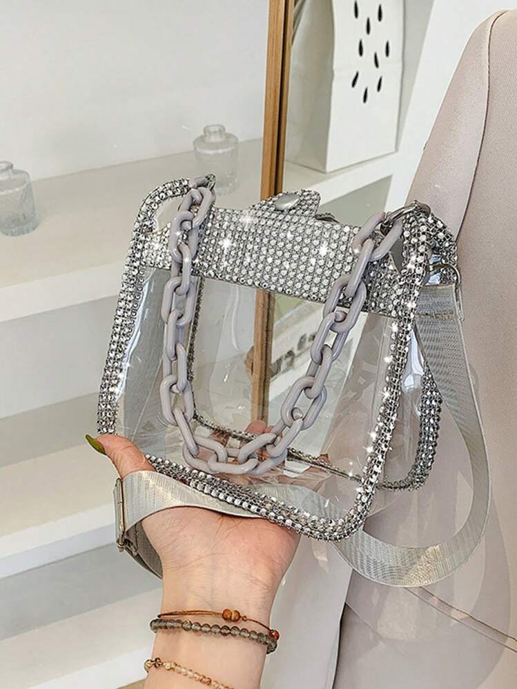 Rhinestone Decor Transparent Chain Bag Portable PVC Shoulder Bag Adjustable Strap Crossbody Bag Mini Rhinestone Decor Square Bag Clear Chain Strap Waterproof Sandproof Transparent Bag Beach Sports Pic...