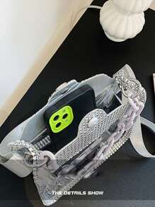 鑽石裝飾透明鏈子袋，便攜式PVC肩背袋，可調節肩帶斜挎包，迷你鑽石裝飾方形袋，清晰鏈式肩帶，防水，防沙透明袋，適用於海灘運動野餐小吃清晰錢包女用 - 白色 - 查看 7