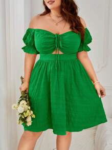 Dreamara Plus Off Shoulder Drawstring Front Puff Sleeve Dress - Green - View 1