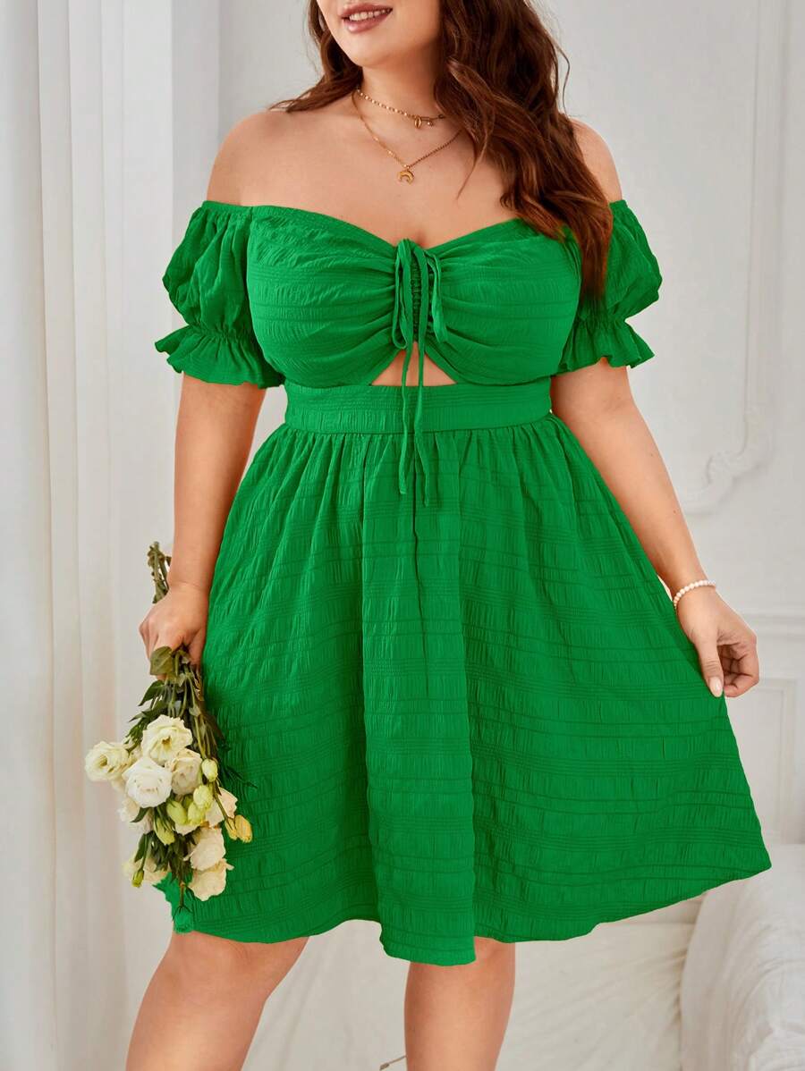 Dreamara Plus Off Shoulder Drawstring Front Puff Sleeve Dress - Green - View 1