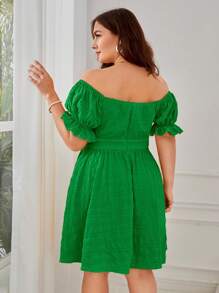 Dreamara Plus Off Shoulder Drawstring Front Puff Sleeve Dress - Green - View 2