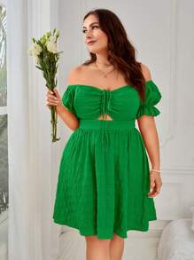 Dreamara Plus Off Shoulder Drawstring Front Puff Sleeve Dress - Green - View 6