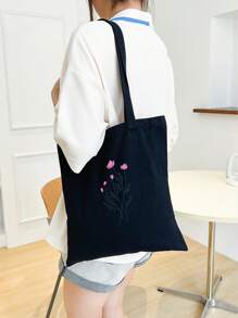 Floral Pattern Shopper Bag Double Handle Preppy School Bag For Graduate, Teen Girls, Freshman, Sophomore, Junior & Senior In College, University & High School, Perfect For Outdoors ,Travel & Back To School - Black - View 2