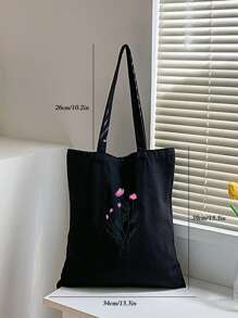 Floral Pattern Shopper Bag Double Handle Preppy School Bag For Graduate, Teen Girls, Freshman, Sophomore, Junior & Senior In College, University & High School, Perfect For Outdoors ,Travel & Back To School - Black - View 4