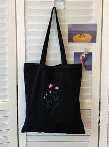 Floral Pattern Shopper Bag Double Handle Preppy School Bag For Graduate, Teen Girls, Freshman, Sophomore, Junior & Senior In College, University & High School, Perfect For Outdoors ,Travel & Back To School - Black - View 5