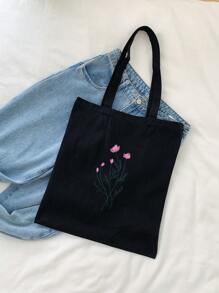 Floral Pattern Shopper Bag Double Handle Preppy School Bag For Graduate, Teen Girls, Freshman, Sophomore, Junior & Senior In College, University & High School, Perfect For Outdoors ,Travel & Back To School - Black - View 6