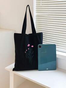 Floral Pattern Shopper Bag Double Handle Preppy School Bag For Graduate, Teen Girls, Freshman, Sophomore, Junior & Senior In College, University & High School, Perfect For Outdoors ,Travel & Back To School - Black - View 7