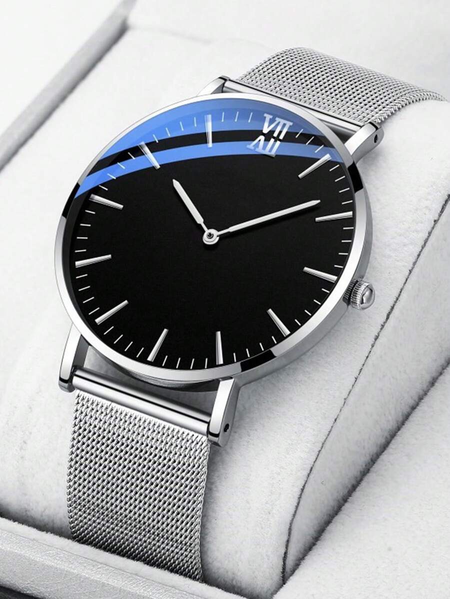 1 件/套时尚商务休闲超薄防水网状表带石英男士手表，适合日常搭配、生日、男士礼物、周年纪念、年终促销、光棍节、万圣节促销等节日礼物 - 銀色 - 查看 1