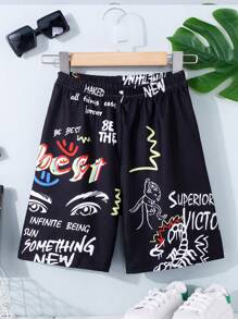 SHEIN Quần Short Trai Con số Slogan Giải trí - màu đen - Xem 1
