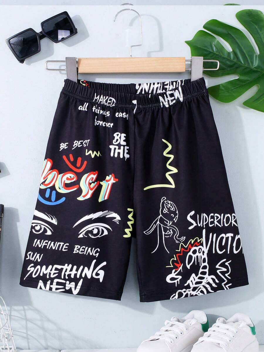 SHEIN Quần Short Trai Con số Slogan Giải trí - màu đen - Xem 1