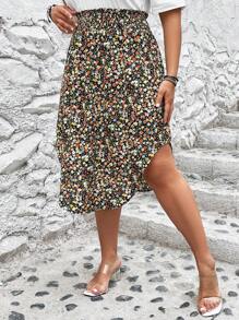 SHEIN LUNE 大碼碎花不對稱下擺半身裙 - 彩色 - 查看 1