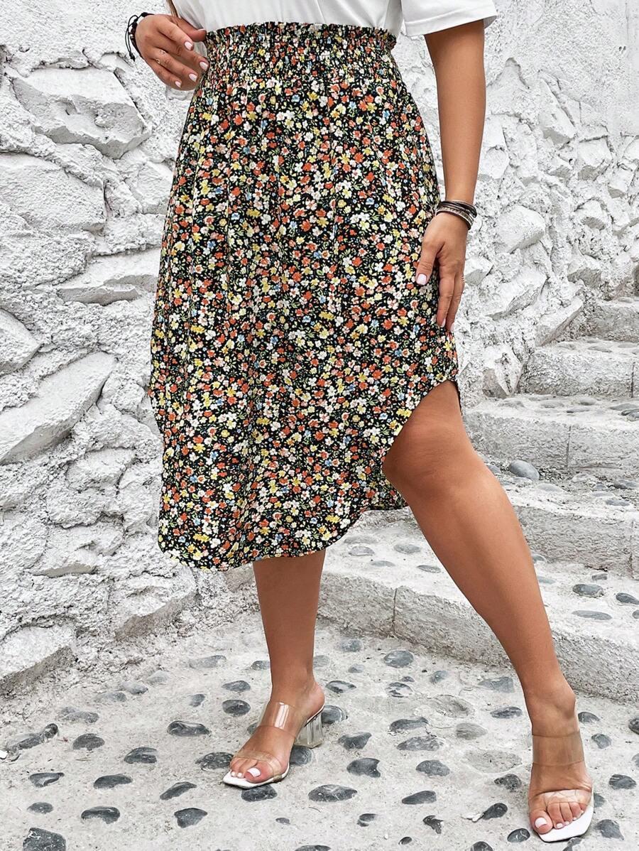 SHEIN LUNE 大碼碎花不對稱下擺半身裙 - 彩色 - 查看 1