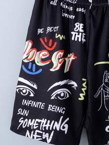 SHEIN Quần Short Trai Con số Slogan Giải trí - màu đen - Xem 3