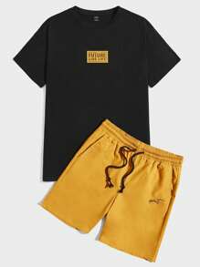 GENTILAND 男士字母圖案T恤和腰部抽繩短褲 - 芥末黃 - 查看 1