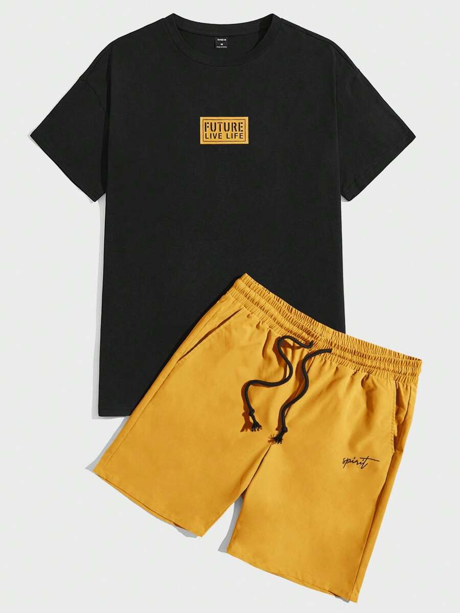GENTILAND 男士字母圖案T恤和腰部抽繩短褲 - 芥末黃 - 查看 1