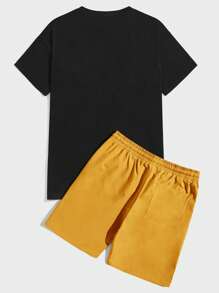 GENTILAND 男士字母圖案T恤和腰部抽繩短褲 - 芥末黃 - 查看 2