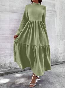 Seusyu Solid Ruffle Hem Smock Dress - Lime Green - View 3