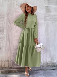 Seusyu Solid Ruffle Hem Smock Dress - Lime Green - View 5