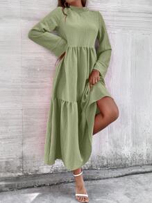 Seusyu Solid Ruffle Hem Smock Dress - Lime Green - View 6