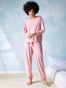 LUVLETTE 柔软莫代尔紧身裤棉质粉色女士睡衣风格裤子 - 淺粉色 - 查看 5