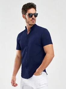 GENTILAND Men Solid Button Up Shirt - Navy Blue - View 1