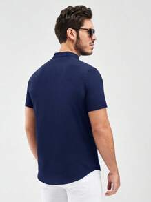 GENTILAND Men Solid Button Up Shirt - Navy Blue - View 2