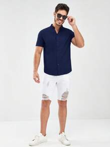 GENTILAND Men Solid Button Up Shirt - Navy Blue - View 3