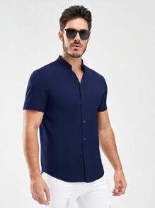 GENTILAND Men Solid Button Up Shirt - Navy Blue - View 4
