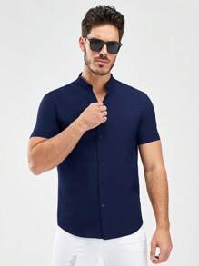 GENTILAND Men Solid Button Up Shirt - Navy Blue - View 5