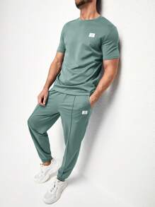 Manfinity NXTstreet 男士字母貼布T恤和運動褲 - 薄荷綠 - 查看 1