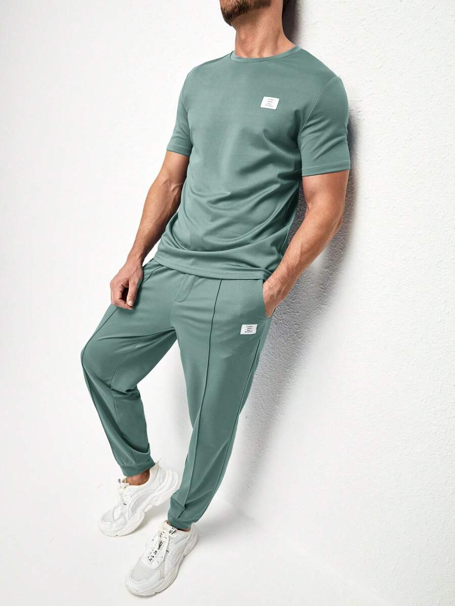 Manfinity NXTstreet 男士字母貼布T恤和運動褲 - 薄荷綠 - 查看 1