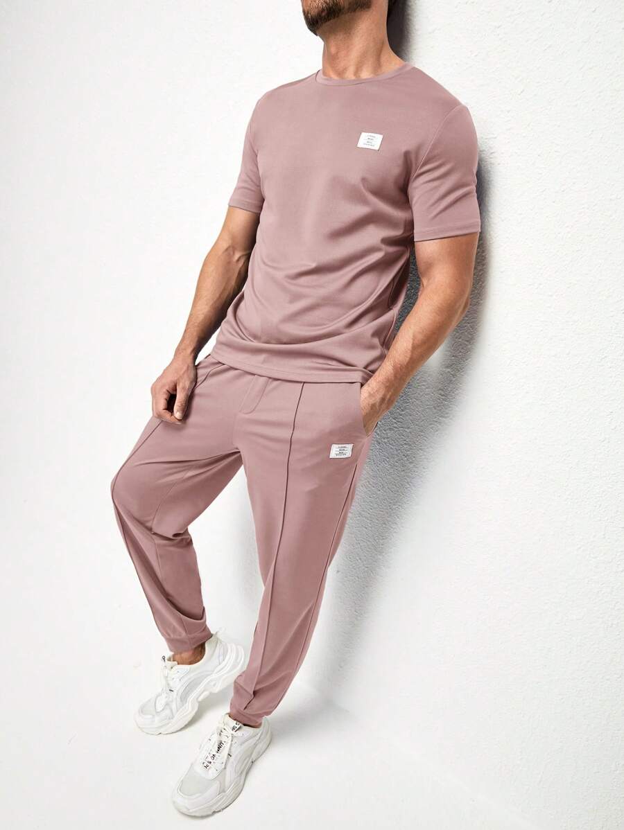 GENTILAND Men Letter Patched Tee & Joggers - Dusty Pink - View 1