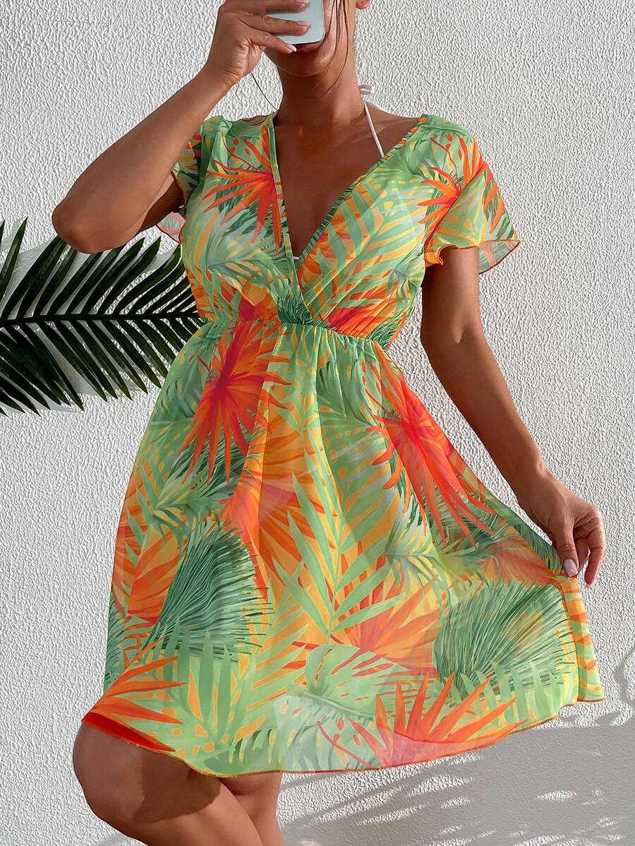 Swim Lushoire Summer Beach Tropical Print Surplice Neck Butterfly Sleeve Cover Up Dress
