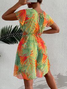 Swim Lushoire Summer Beach Tropical Print Surplice Neck Butterfly Sleeve Cover Up Dress