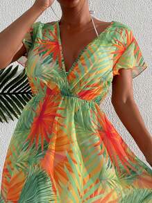 Swim Lushoire Summer Beach Tropical Print Surplice Neck Butterfly Sleeve Cover Up Dress