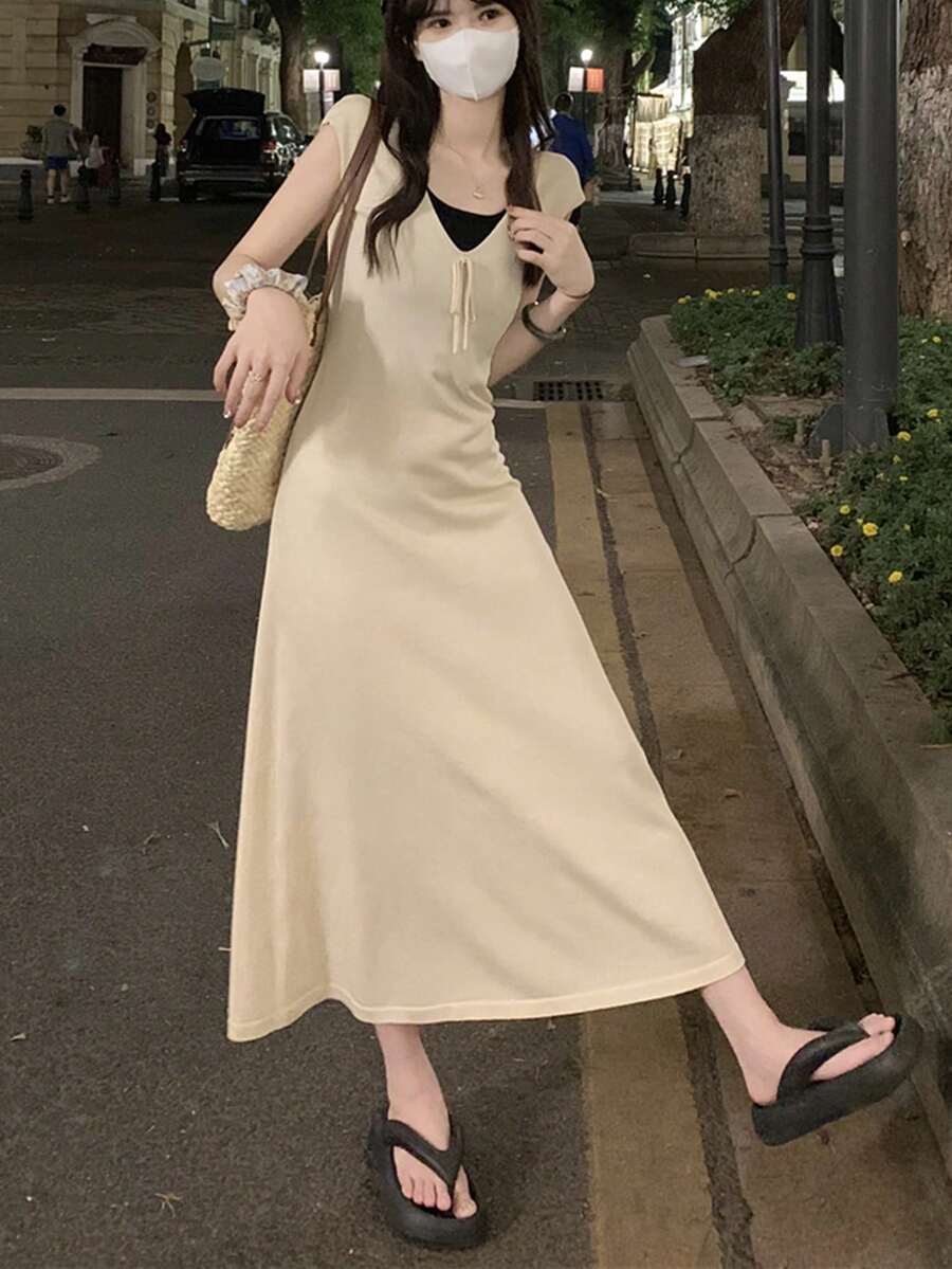 Vestido 2 en 1 en contraste de manga casquillo - Albaricoque - Ver 1