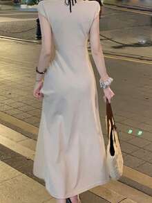 Vestido 2 en 1 en contraste de manga casquillo - Albaricoque - Ver 2