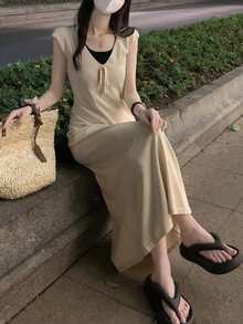 Vestido 2 en 1 en contraste de manga casquillo - Albaricoque - Ver 3