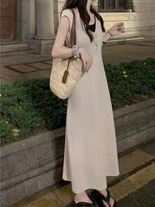 Vestido 2 en 1 en contraste de manga casquillo - Albaricoque - Ver 4