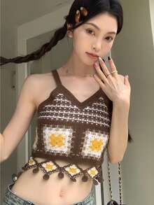 Geo Pattern Crop Knit Top - Coffee Brown - View 3