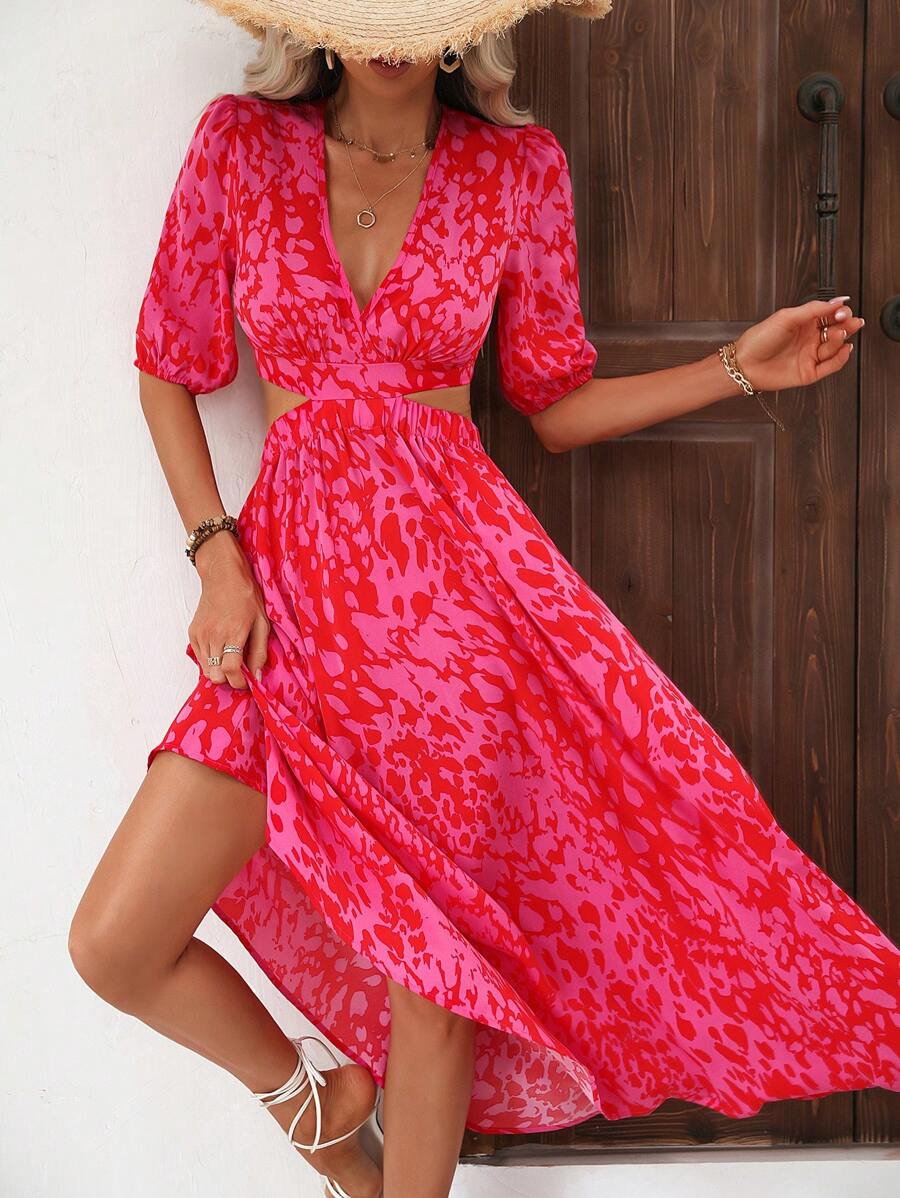 Breezaya 滿版印花腰部鏤空泡泡袖連衣裙 - 粉色 - 查看 1